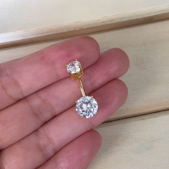 Gold CZ Prong Belly Button Ring - Picture 3 of 3